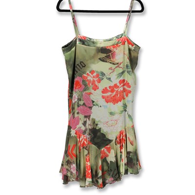 Lot 90 - JOHN GALLIANO 100% SILK KHAKI & RED FLORAL SPAGHETTI STRAP MINI DRESS - UK 10