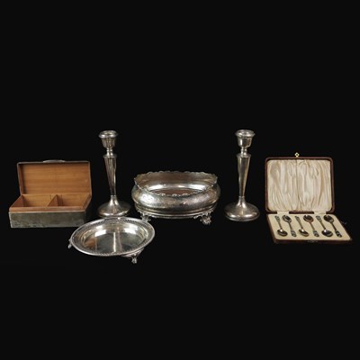 Lot 157 - A SILVER CIGARETTE BOX AND PAIR OF CANDLESTICKS WITH OTHER PIECES. (6)
