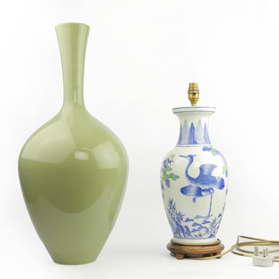Lot 843 - CELADON BOTTLE VASE AND CHINESE TABLE (2)