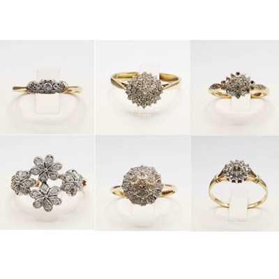 Lot 239 - A COLLECTION OF SIX ASSORTED 9CT GOLD DIAMOND CLUSTER RINGS