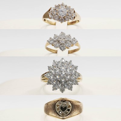 Lot 251 - A COLLECTION OF FOUR ASSORTED 9CT GOLD CLUSTER RINGS