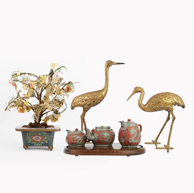 Lot 332 - A PAIR OF JAPANESE METAL CRANES A THREE PIECE TEA SET AND SEMI-PRECIOUS TREE. (6)