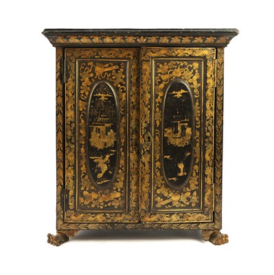 Lot 224 - A CHINESE EXPORT BLACK AND GILT LACQUER MINIATURE COLLECTORS CABINET.