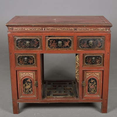 Lot 299 - 19TH CENTURY CHINESE RED AND BLACK LACQUER SIDE CABINET