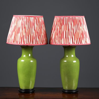 Lot 471 - CHINESE APPLE GREEN CERAMIC TABLE LAMPS (2)