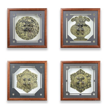 Lot 209 - A SET OF FOUR FRAMED CHINESE BRASS CABINET LOCKS. (4)