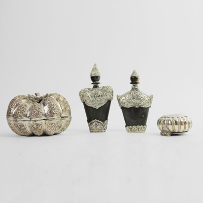 Lot 150 - A CAMBODIAN EMBOSSED WHITE METAL PUMPKIN BOX (4)