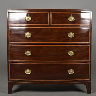 Lot 549 - GEORGE III MAHOGANY AND SATINWOOD BOWFRONT CHEST