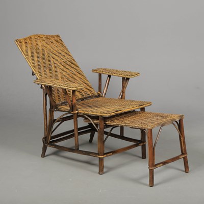 Lot 704 - FRENCH RATTAN AND BAMBOO GARDEN RECLINING DECK CHAIR