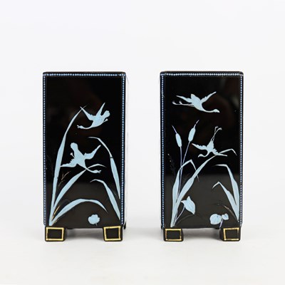 Lot 240 - BLACK GLASS VASES WITH WHITE CRANE AND BAMBOO MOTIFS, A PAIR (2)