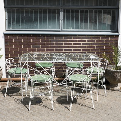 Lot 525 - MID 20TH CENTURY WHITE PAINTED IRON GARDEN TABLE AND SIX CHAIRS (7)