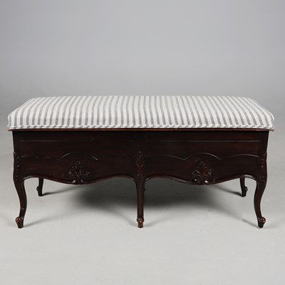 Lot 431 - EARLY 20TH CENTURY FRENCH DUET STOOL IN GUY GOODFELLOW STRIPED UPHOLSTERY
