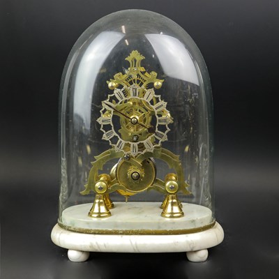 Lot 230 - LATE 19TH EARLY / 20TH CENTURY BRASS SKELETON CLOCK.