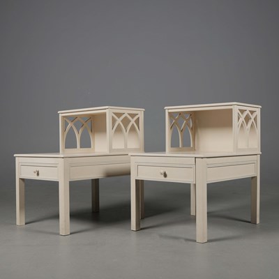 Lot 355 - TIERED BEDSIDE TABLES, A PAIR, BLUE LINE DETAIL