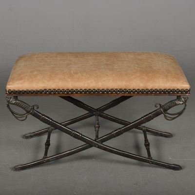 Lot 577 - MANNER OF THEODORE ALEXANDER, SMALL LEATHER BENCH SEAT