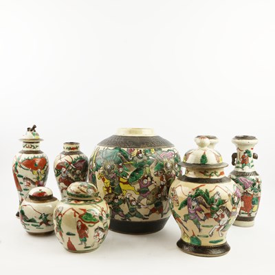 Lot 219 - A GROUP OF CHINESE CRACKLE GLAZE FAMILLE VERTE GINGER JARS AND VASES. (8)