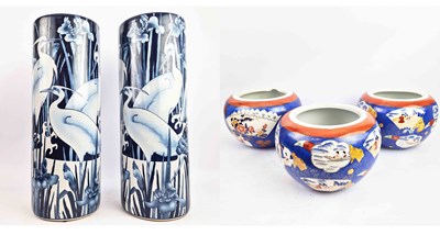 Lot 222 - A PAIR OF CHINESE BLUE AND WHITE STICK STANDS AND THREE JAPANESE JARDINIERES. (5)
