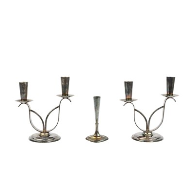 Lot 190 - A PAIR OF MID-2OTH CENTURY DANISH SILVER-PLATED CANDLESTICKS BY BERG AND A SINGLE MATCHING. (3)