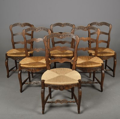 Lot 421 - A SET OF SIX OAK RUSH SEATED SIDE CHAIRS
