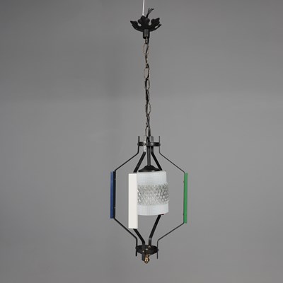 Lot 739 - 1960s ITALIAN PAINTED WOOD AND METAL PENDANT LIGHT WITH GLASS SHADE