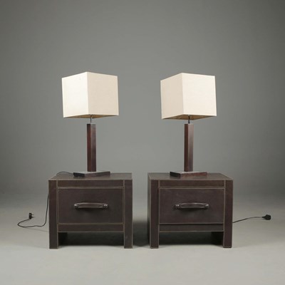 Lot 163 - LEATHER BEDSIDES CHESTS, A PAIR, PLUS TWO LAMPS (4).