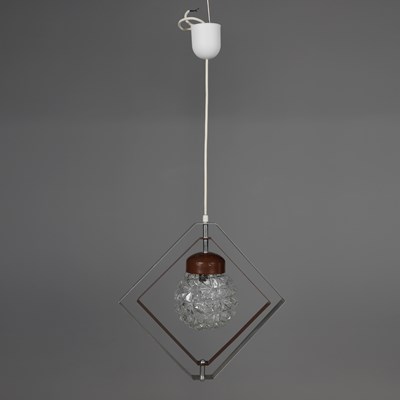 Lot 740 - 1960s DANISH CHROME AND BROWN METAL PENDANT LIGHT WITH CUT GLASS SHADE