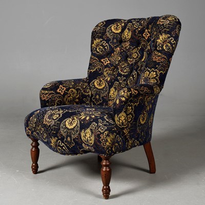 Lot 347 - ARMCHAIR IN BLUE FLORAL CHENILLE.