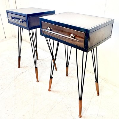 Lot 137 - PAIR METAL BEDSIDE TABLES WITH SINGLE DRAWERS.