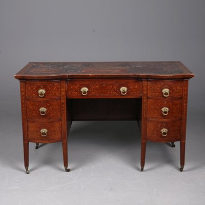 Lot 346 - EDWARDIAN MAHOGANY AND MARQUETRY KNEEHOLE DESK.