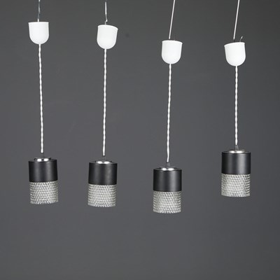 Lot 147 - SET OF FOUR 1960s ITALIAN PENDANT LIGHTS WITH CUT GLASS SHADES.