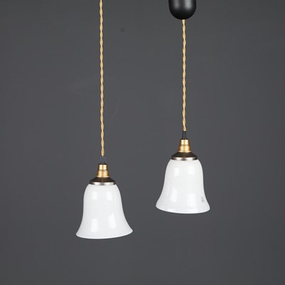 Lot 255 - PAIR OF ITALIAN MURANO GLASS PENDANT LIGHTS WITH GOLD SPECKLED SHADES.