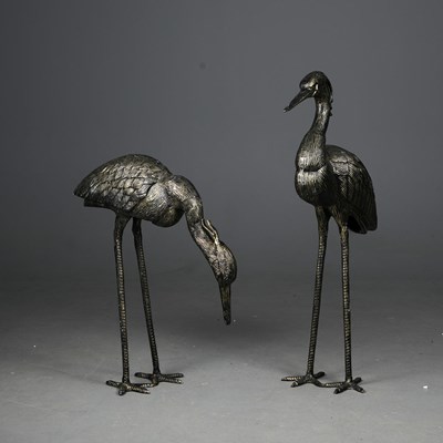 Lot 389 - SCULPTURAL CRANES, 2 IN DIFFERING POSES.