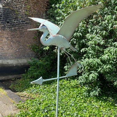 Lot 220 - FLYING CRANE WEATHER VANE IN VERDIGRIS FINISH METAL.
