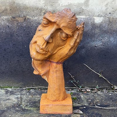 Lot 340 - SURREALIST STYLE CAST METAL RESTING HEAD SCULPTURE.