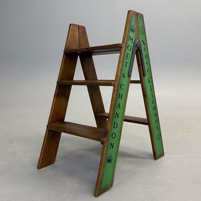 Lot 169 - STEP LADDER, WITH VARIOUS CHAMPAGNE HOUSE NAMES PRINTED ON.