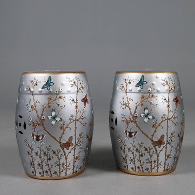 Lot 175 - CERAMIC BARREL STOOLS, A PAIR.