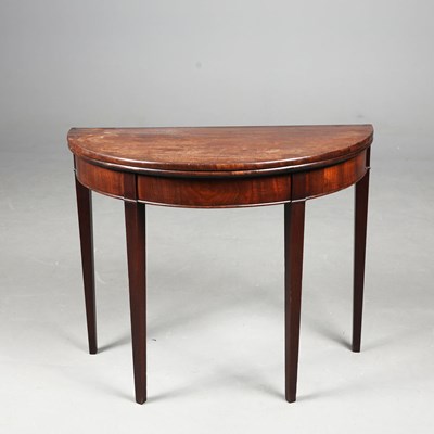 Lot 123 - GEORGE III MAHOGANY DEMI LUNE TEA TABLE.