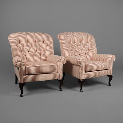 Lot 252 - PAIR OF ARMCHAIRS IN RED AND WHITE TICKING (2).