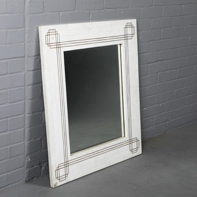 Lot 129 - TESSELATED STONE WALL MIRROR WITH BRASS INLAY.