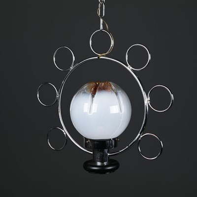 Lot 144 - 1970s ITALIAN CHROME SATURN PENDANT LIGHT WITH MAZZEGA MURANO GLASS SHADE.
