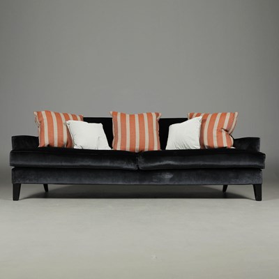 Lot 254 - MIDNIGHT BLUE VELVET UPHOLSTERED SOFA.