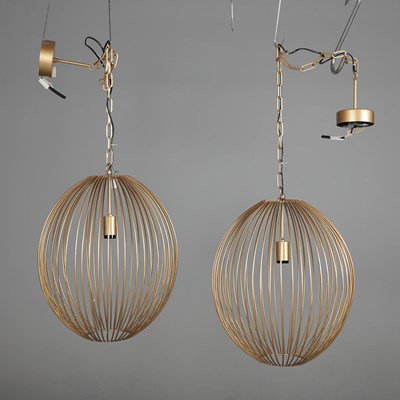 Lot 328 - GILT METAL CAGE CEILING PENDANT LIGHTS, A PAIR.