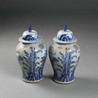 Lot 155 - CHINESE EXPORT STYLE BLUE AND WHITE CERAMIC TEMPLE JARS, A PAIR.