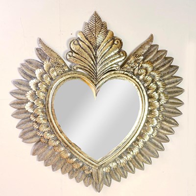 Lot 205 - HEART SHAPED WALL MIRROR WITH GILT METAL FEATHER FRAME.