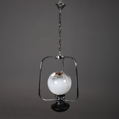 Lot 312 - 1970s ITALIAN SPACE AGE CHROME PENDANT LIGHT WITH MAZZEGA MURANO GLOBE SHADE.