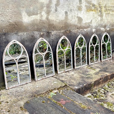 Lot 115 - SET OF SIX ARCHITECTURAL GARDEN MIRRORS WITH ARCHED METAL FRAMES.