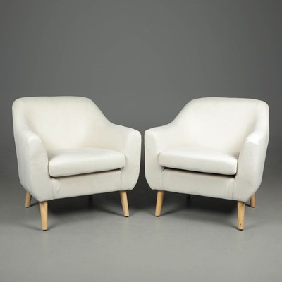 Lot 329 - DUNELM ARMCHAIRS IN NEUTRAL LINEN UPHOLSTERY, A PAIR.