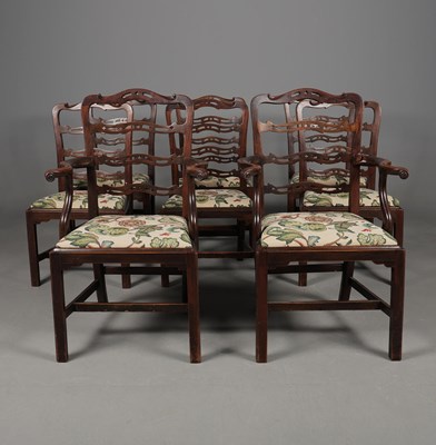 Lot 184 - A SET OF EIGHT GEORGE III STYLE MAHOGANY LADDER BACK CHAIRS.