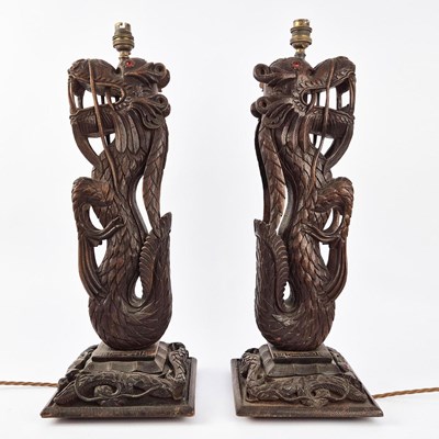 Lot 261 - PAIR OF BURMESE CARVED TEAK TABLE LAMPS.