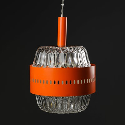 Lot 737 - 1970s ITALIAN SPACE AGE ORANGE METAL AND GLASS PENDANT LIGHT